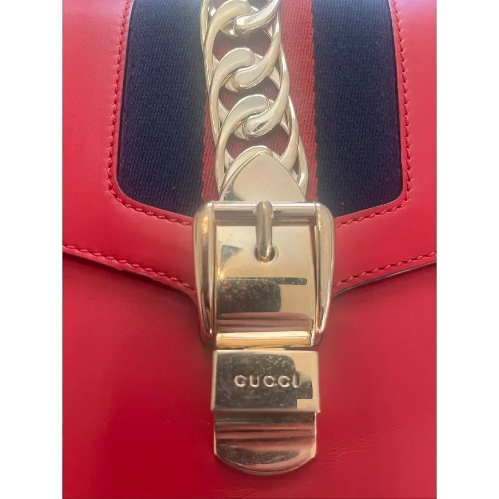 Authentic GUCCI Red Calfskin Leather Small Sylvie Shoulder Bag